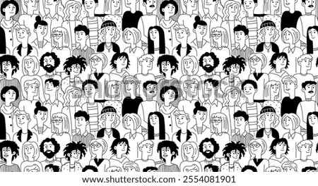 Decorative diverse female male heads seamless background pattern. Diverse multiethnic group. Vector doodle illustration