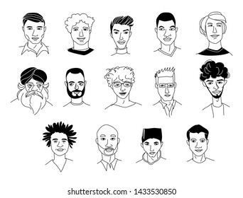 Decorative diverse men's head set background Happy Father's Day, International students, Gay Pride. Hand drawn grunge line drawing doodle black and white vector illustration poster