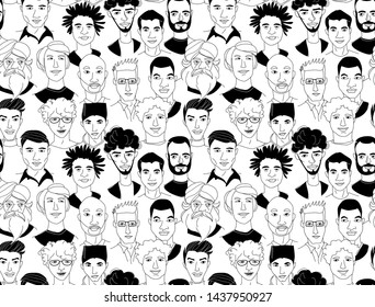 Decorative diverse men's heads seamless pattern background Happy Father's Day, International students, Gay Pride. Hand drawn grunge line drawing doodle black and white vector illustration poster