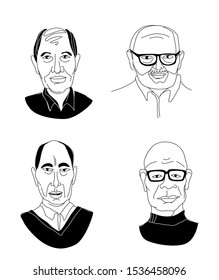 Decorative diverse senior multiracial multiethnic men's head set background Happy Father's Day, Gay Pride. Hand drawn grunge line drawing doodle black and white vector illustration poster