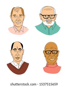 Decorative diverse senior multiracial multiethnic men's head set background Happy Father's Day, Gay Pride. Hand drawn grunge line drawing doodle coloured vector illustration poster