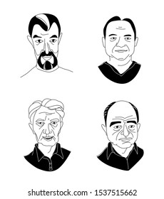 Decorative diverse senior multiracial multiethnic men's head set background Happy Father's Day, Gay Pride. Hand drawn grunge line drawing doodle black and white vector illustration poster