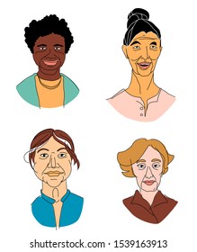 Decorative diverse senior multiracial multiethnic women's head set background Happy Mother's Day, Women's Day. Hand drawn grunge line drawing doodle vector illustration poster