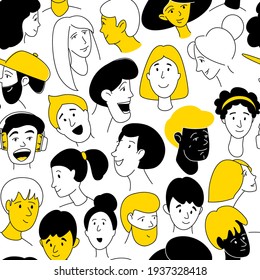 Decorative diverse women men head seamless pattern background. Multiethnic team gruop crowd community. Hand drawn grunge line drawing doodle colored vector illustration poster