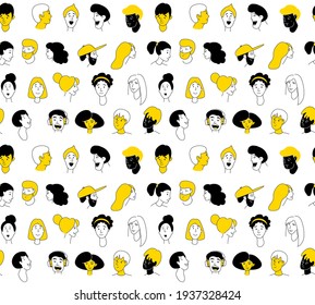 Decorative diverse women men head seamless pattern background. Multiethnic team gruop crowd community. Hand drawn grunge line drawing doodle colored vector illustration poster