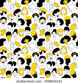 Decorative diverse women men head seamless pattern background. Multiethnic team gruop crowd community. Hand drawn grunge line drawing doodle colored vector illustration poster