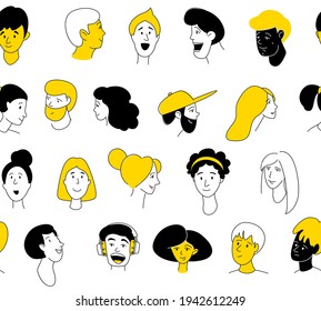 Decorative diverse women men head seamless pattern background. Multiethnic team gruop crowd community. Hand drawn grunge line drawing doodle colored vector illustration poster