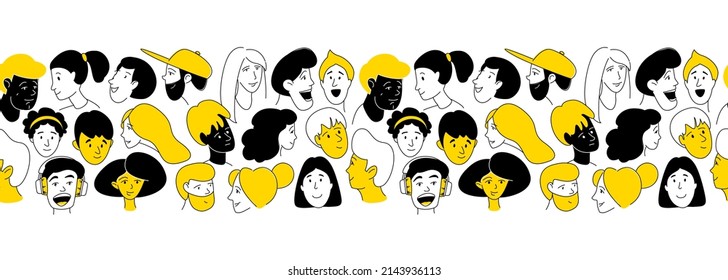 Decorative Diverse Women Men Head Seamless Pattern Background Border. Multiethnic Team Gruop Crowd Community. Hand Drawn Grunge Line Drawing Doodle Colored Vector Illustration Poster