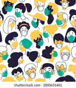 Decorative diverse women men wearing medical mask head seamless pattern background. Multiethnic team gruop crowd community. Hand drawn grunge line drawing doodle colored vector illustration poster