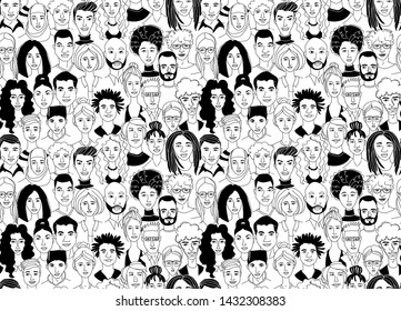 Decorative diverse women's men's head seamless pattern background. Multiethnic team gruop crowd community. Hand drawn grunge line drawing doodle black and white vector illustration poster