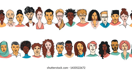 Decorative diverse women's men's head seamless pattern frame border background. Multiethnic team gruop crowd community. Hand drawn grunge line drawing doodle colored vector illustration poster