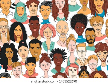 Decorative diverse women's men's head seamless pattern background. Multiethnic team gruop crowd community. Hand drawn grunge line drawing doodle black and white vector illustration poster