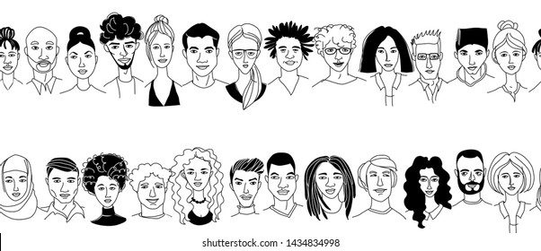 Decorative diverse women's men's head seamless pattern frame border background. Multiethnic team gruop crowd community. Hand drawn grunge line drawing doodle black and white vector illustration poster