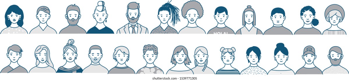 Decorative diverse women's and men's head seamless pattern frame border background. Line art drawing doodle vector illustration poster with multiethnic team gruop crowd community.