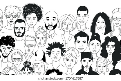 Decorative diverse women's men's head seamless pattern frame border background. Multiethnic team gruop crowd community. Hand drawn grunge line drawing doodle black and white vector illustration poster