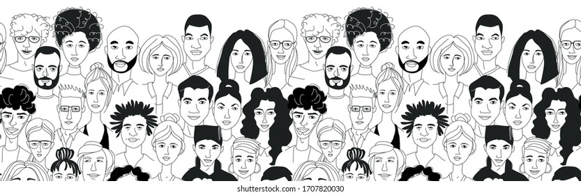 Decorative diverse women's men's head seamless pattern frame border background. Multiethnic team gruop crowd community. Hand drawn grunge line drawing doodle black and white vector illustration poster