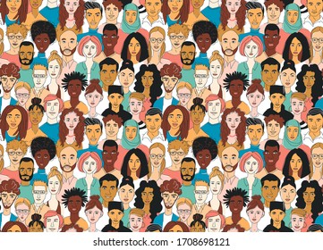 Decorative diverse women's men's head seamless pattern background. Multiethnic team gruop crowd community. Hand drawn grunge line drawing doodle vector illustration poster