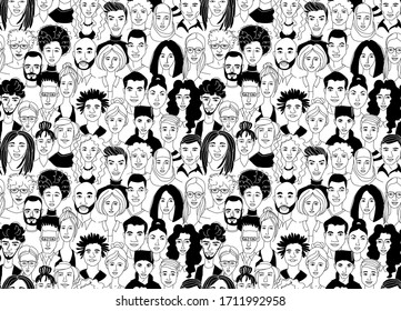 Decorative Diverse Women's Men's Head Seamless Pattern Background. Multiethnic Team Gruop Crowd Community. Hand Drawn Grunge Line Drawing Doodle Black And White Vector Illustration Poster