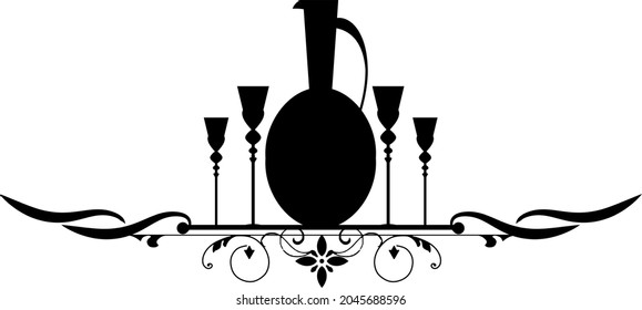 decorative divider with alcohol element, vintage jug with a bunch of grapes and wine glass 