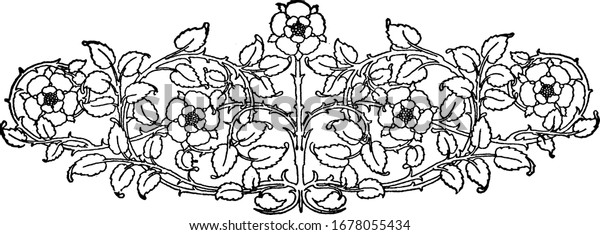 A decorative divider with bold fancy\
patterns and repeated designs of flowers wrapped together, vintage\
line drawing or engraving\
illustration.