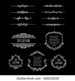 Decorative Divider & Frame Elements Set in White Version on Black Background. For any purpose of your designs such us certificate, invitation, print designs, web designs, etc.