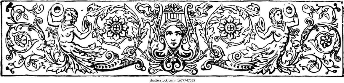 A decorative divider and Greek statues  musical instruments    flowers  vintage line drawing engraving illustration 