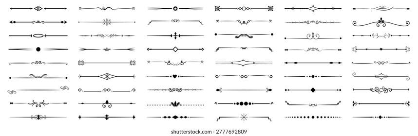 Decorative divider icon collection in black. Set of vintage, ornamental, flourish, border, line, separator and decorative elements