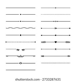 Decorative divider lines set with arrows, dots, and ornamental separators for text layout and design silhouette vector
