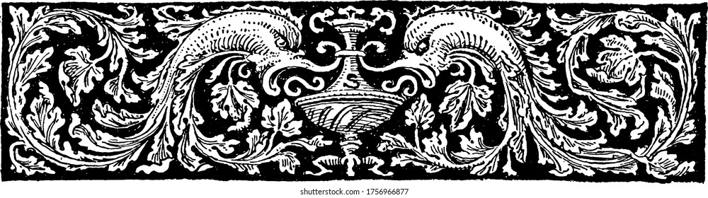 A decorative divider with two fish and floral design, vintage line drawing or engraving illustration.