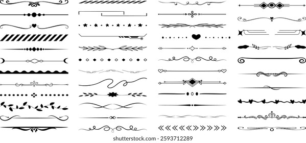 Decorative dividers, elegant line art, ornamental borders, vintage separators, floral accents, whimsical designs, creative embellishments, graphic elements, black vector patterns, design resources