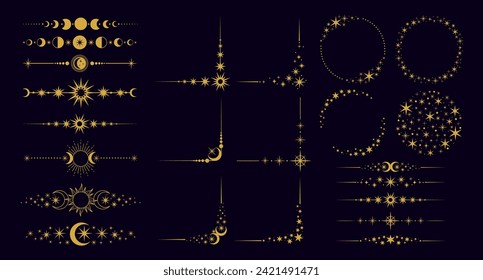 Diferencias decorativas. Ornamento solar y lunar dibujado a mano, divisor de texto, borde decorativo místico astrológico, marco de estrella, esquina de brillo abstracto. Elementos de línea para el conjunto de vectores de texto. Diseño bohemio