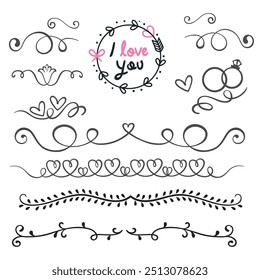 Decorative dividers. Heart, line, swirl, arrow elements for decoration. Calligraphic flourish ornaments. Vintage hand drawn border vector set for greeting and invitation cards, certificates