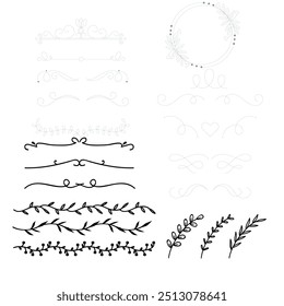 Decorative dividers. Heart, line, swirl, arrow elements for decoration. Calligraphic flourish ornaments. Vintage hand drawn border vector set for greeting and invitation cards, certificates