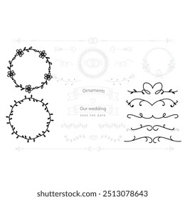 Decorative dividers. Heart, line, swirl, arrow elements for decoration. Calligraphic flourish ornaments. Vintage hand drawn border vector set for greeting and invitation cards, certificates