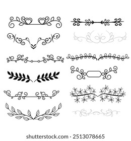 Decorative dividers. Heart, line, swirl, arrow elements for decoration. Calligraphic flourish ornaments. Vintage hand drawn border vector set for greeting and invitation cards, certificates