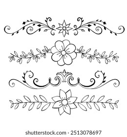 Decorative dividers. Heart, line, swirl, arrow elements for decoration. Calligraphic flourish ornaments. Vintage hand drawn border vector set for greeting and invitation cards, certificates