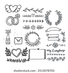 Decorative dividers. Heart, line, swirl, arrow elements for decoration. Calligraphic flourish ornaments. Vintage hand drawn border vector set for greeting and invitation cards, certificates
