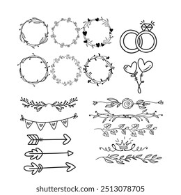 Decorative dividers. Heart, line, swirl, arrow elements for decoration. Calligraphic flourish ornaments. Vintage hand drawn border vector set for greeting and invitation cards, certificates