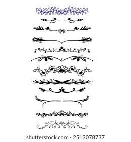 Decorative dividers. Heart, line, swirl, arrow elements for decoration. Calligraphic flourish ornaments. Vintage hand drawn border vector set for greeting and invitation cards, certificates