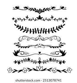 Decorative dividers. Heart, line, swirl, arrow elements for decoration. Calligraphic flourish ornaments. Vintage hand drawn border vector set for greeting and invitation cards, certificates