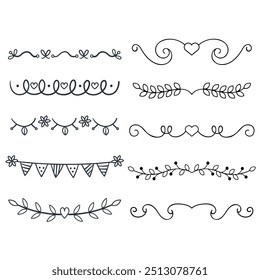 Decorative dividers. Heart, line, swirl, arrow elements for decoration. Calligraphic flourish ornaments. Vintage hand drawn border vector set for greeting and invitation cards, certificates