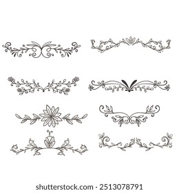 Decorative dividers. Heart, line, swirl, arrow elements for decoration. Calligraphic flourish ornaments. Vintage hand drawn border vector set for greeting and invitation cards, certificates