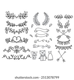 Divisores decorativos. Coração, linha, redemoinho, elementos de seta para decoração. Os ornamentos florescem caligráficos. Vintage desenhado à mão vetor de borda definido para cartões de saudação e convite, certificados