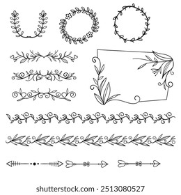 Decorative dividers. Heart, line, swirl, arrow elements for decoration. Calligraphic flourish ornaments. Vintage hand drawn border vector set for greeting and invitation cards, certificates