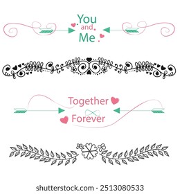 Decorative dividers. Heart, line, swirl, arrow elements for decoration. Calligraphic flourish ornaments. Vintage hand drawn border vector set for greeting and invitation cards, certificates