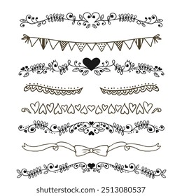 Decorative dividers. Heart, line, swirl, arrow elements for decoration. Calligraphic flourish ornaments. Vintage hand drawn border vector set for greeting and invitation cards, certificates
