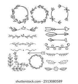 Decorative dividers. Heart, line, swirl, arrow elements for decoration. Calligraphic flourish ornaments. Vintage hand drawn border vector set for greeting and invitation cards, certificates