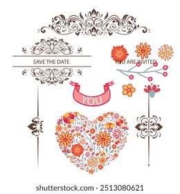 Decorative dividers. Heart, line, swirl, arrow elements for decoration. Calligraphic flourish ornaments. Vintage hand drawn border vector set for greeting and invitation cards, certificates