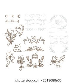Decorative dividers. Heart, line, swirl, arrow elements for decoration. Calligraphic flourish ornaments. Vintage hand drawn border vector set for greeting and invitation cards, certificates