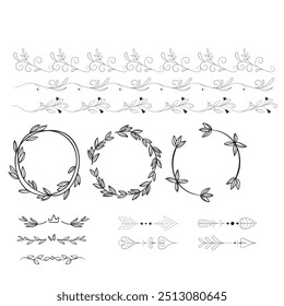 Decorative dividers. Heart, line, swirl, arrow elements for decoration. Calligraphic flourish ornaments. Vintage hand drawn border vector set for greeting and invitation cards, certificates